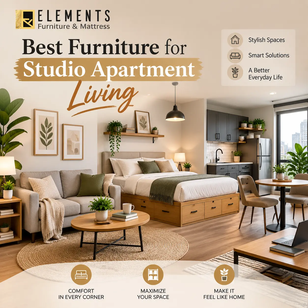 Best Furniture for Studio Apartment Living featuring a compact studio layout with a sofa, storage bed, dining area, and space-saving furniture from Elements Furniture & Mattress Scarborough.