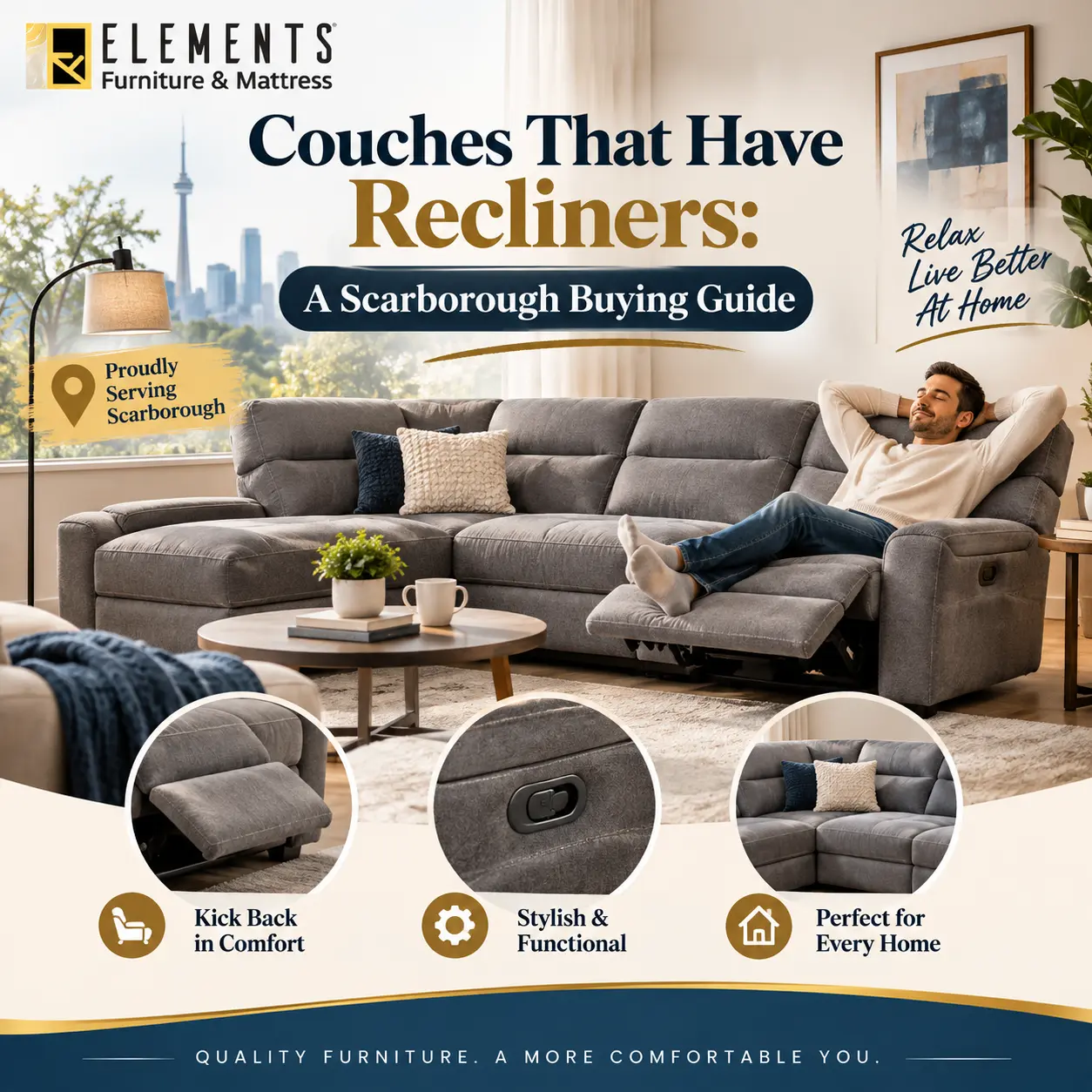 Couches That Have Recliners: A Scarborough Buying Guide featuring a gray reclining sectional with extended footrests in a comfortable living room from Elements Furniture & Mattress Scarborough.