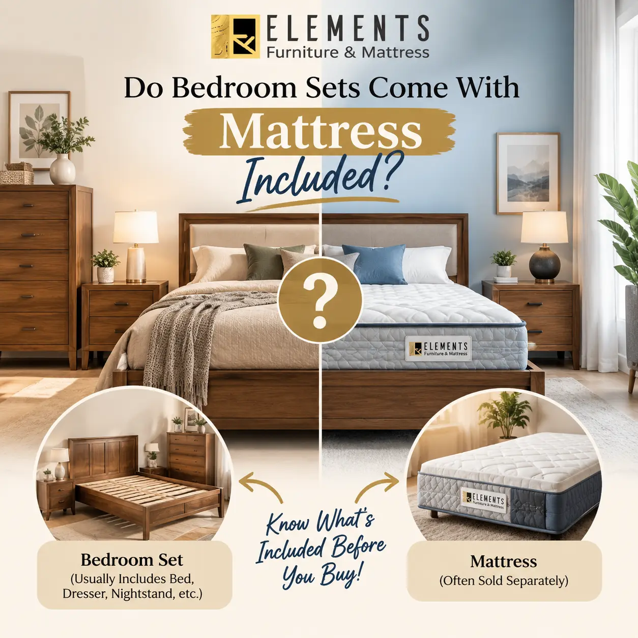 Do Bedroom Sets Come With Mattress Included? Guide from Elements Furniture & Mattress Scarborough comparing bedroom furniture sets with mattresses that may be sold separately.