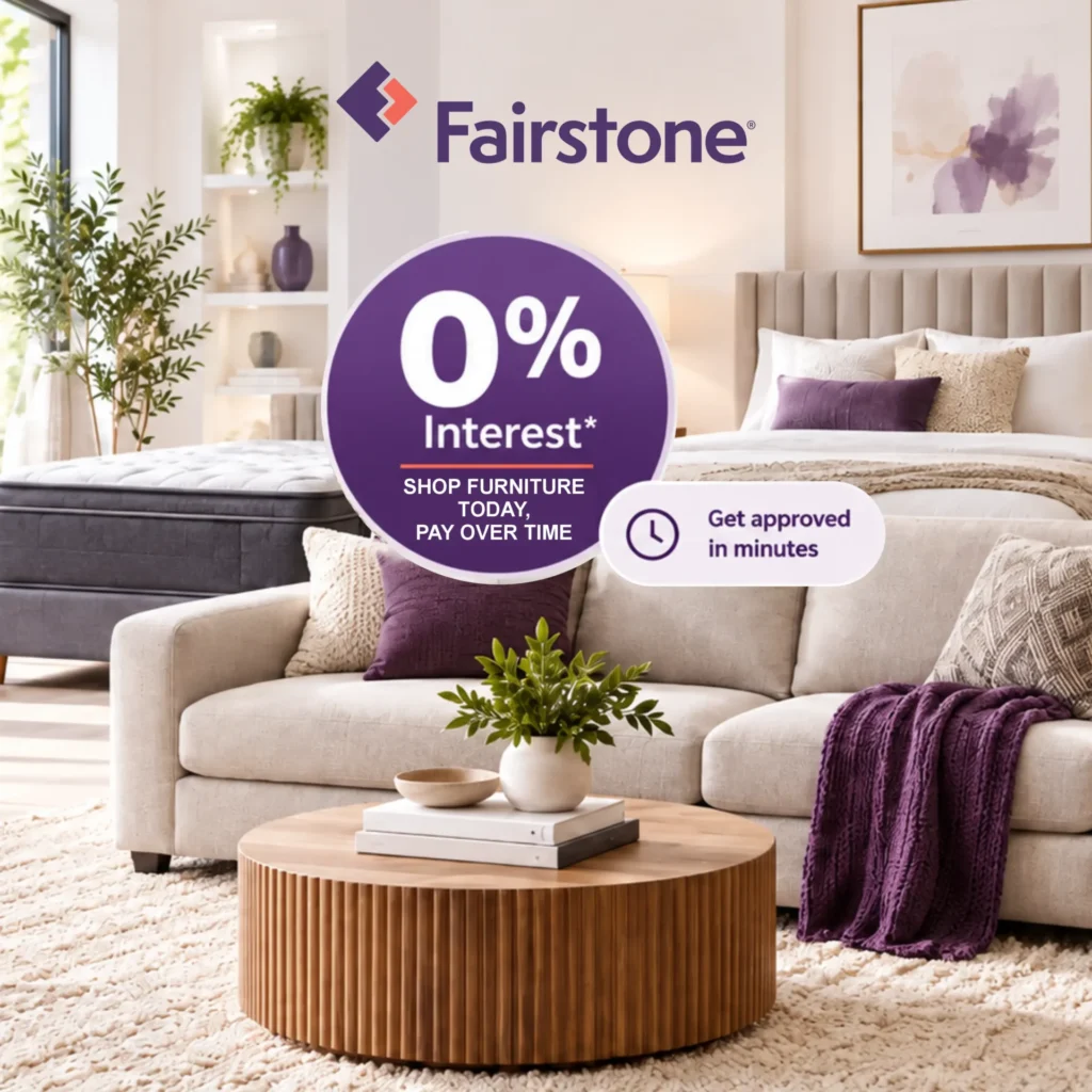 Fairstone Financing promotion showing a modern living room with a sofa, coffee table, and mattress, with 0% interest financing information from Elements Furniture & Mattress Scarborough.