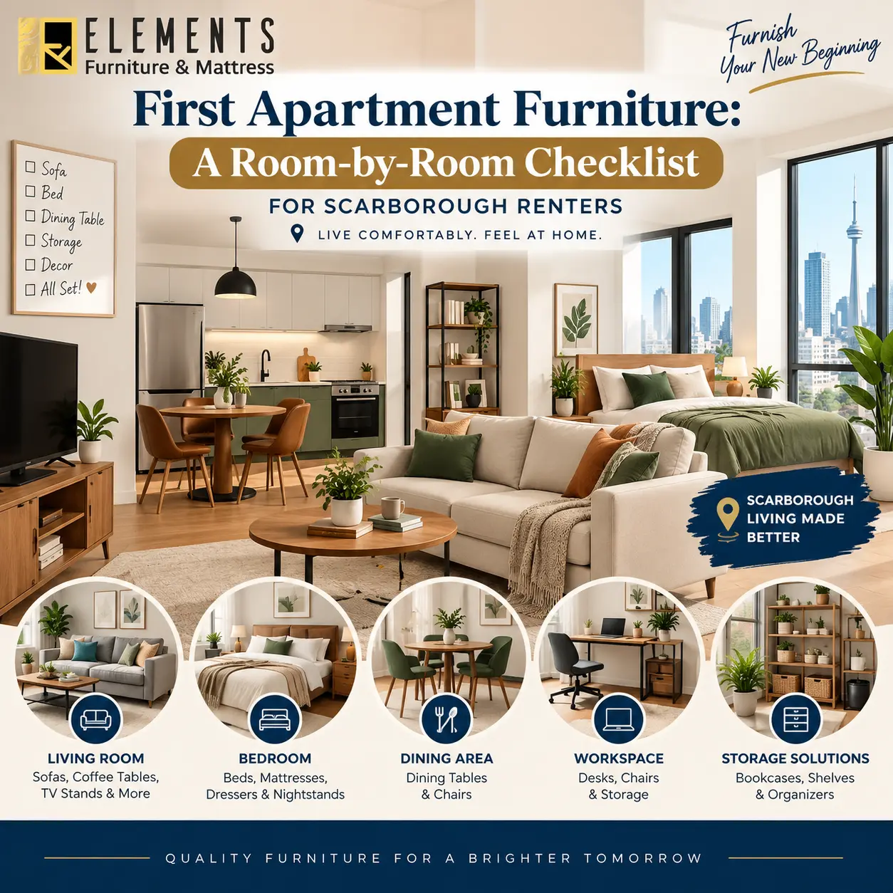 First Apartment Furniture: A Room-by-Room Checklist for Scarborough Renters, featuring living room, bedroom, dining area, workspace, and storage furniture from Elements Furniture & Mattress Scarborough.