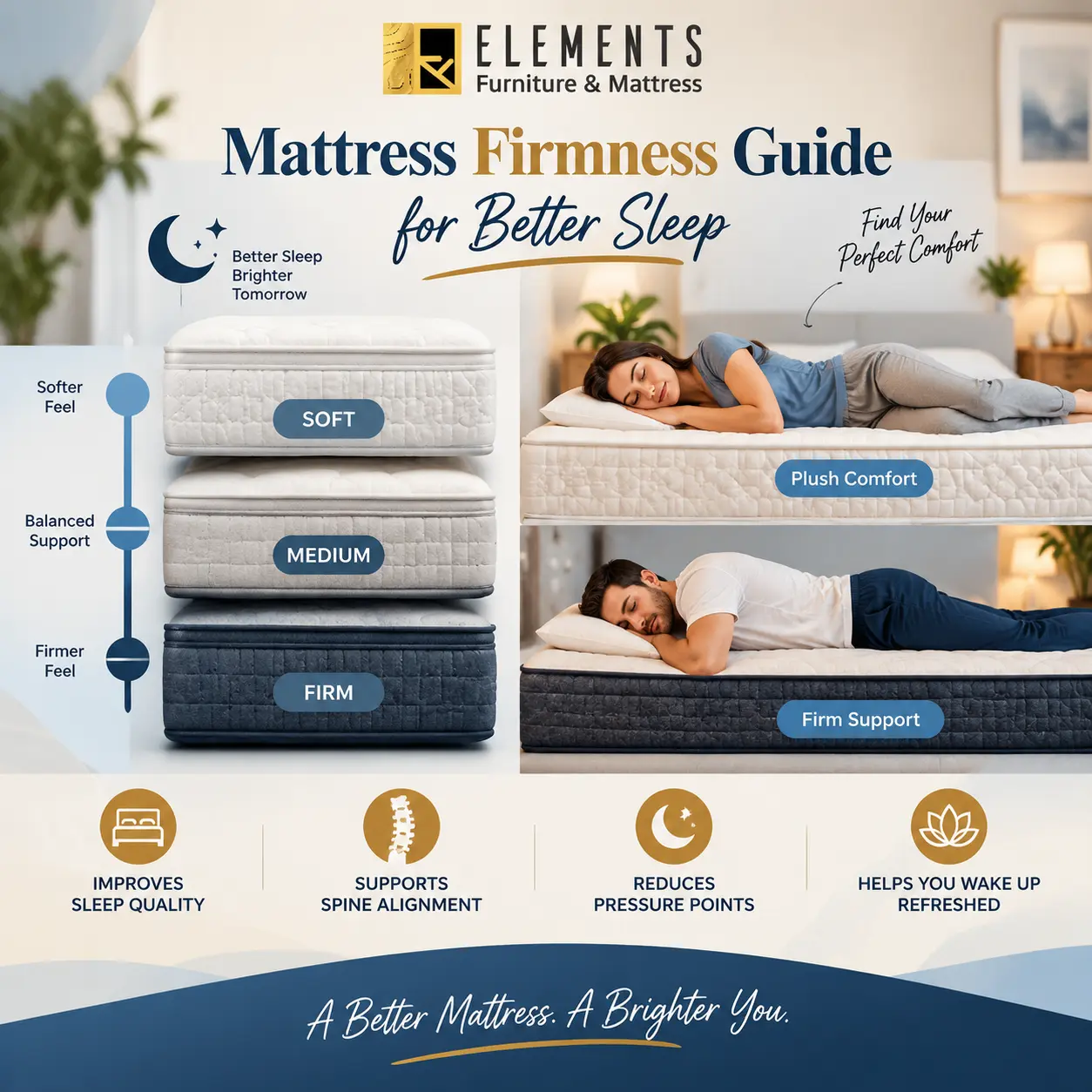 Mattress Firmness Guide for Better Sleep featuring soft, medium, and firm mattresses with different comfort and support levels from Elements Furniture & Mattress Scarborough.