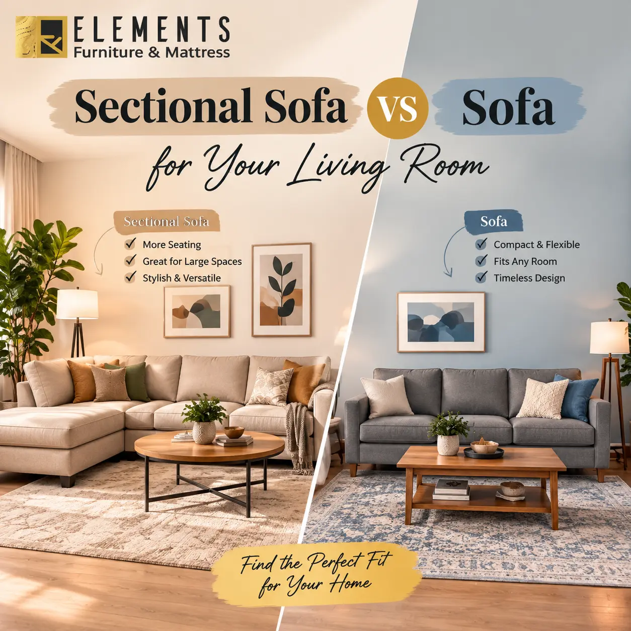 Sectional Sofa vs Sofa for Your Living Room comparison showing a spacious sectional with chaise and a traditional sofa, presented by Elements Furniture & Mattress Scarborough.