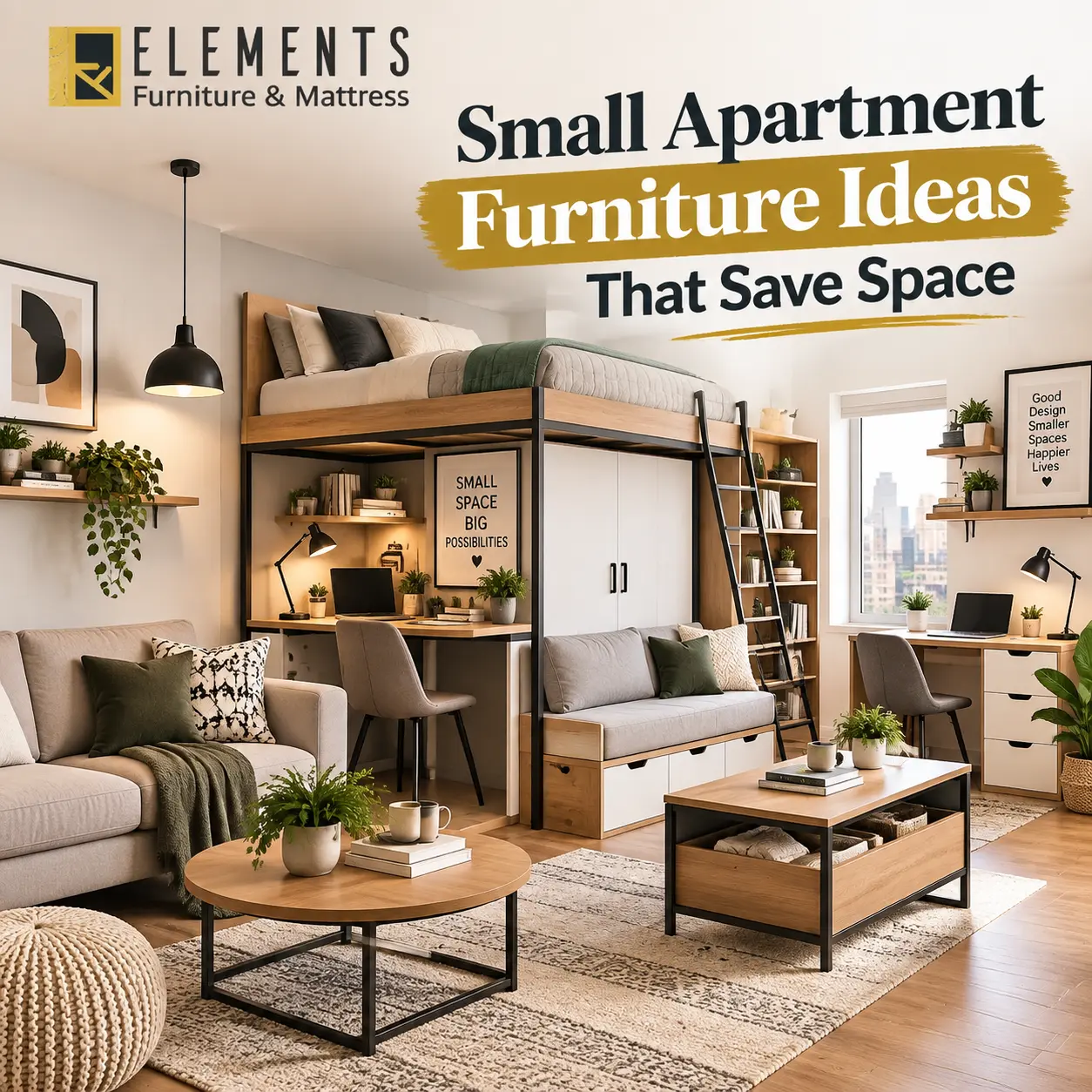 Small Apartment Furniture Ideas That Save Space, featuring a loft-style bed, compact sofa, storage furniture, and a functional living area from Elements Furniture & Mattress Scarborough.