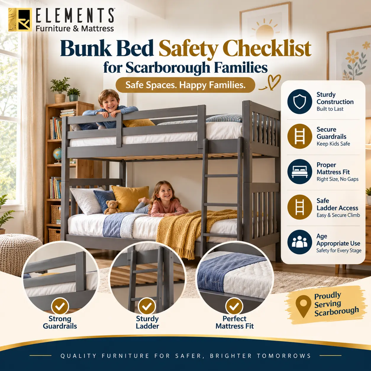 Bunk Bed Safety Checklist for Scarborough Families featuring a sturdy bunk bed with secure guardrails, safe ladder access, proper mattress fit, and age appropriate use from Elements Furniture & Mattress Scarborough.